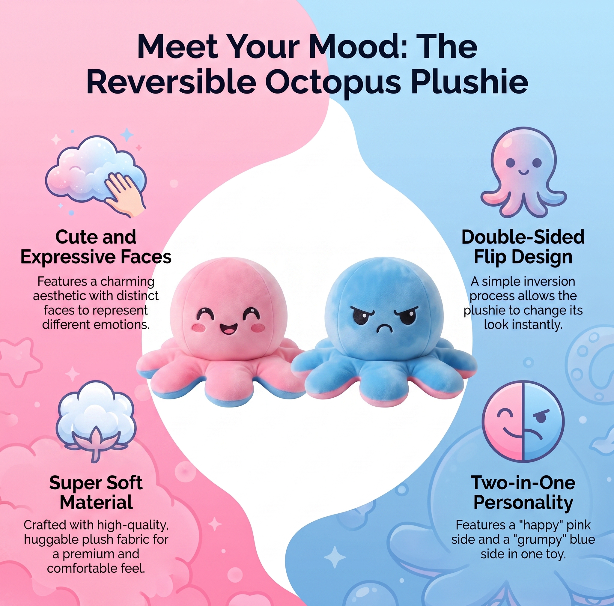 Cute Reversible Octopus (Soft Toy) (Pink & Blue)