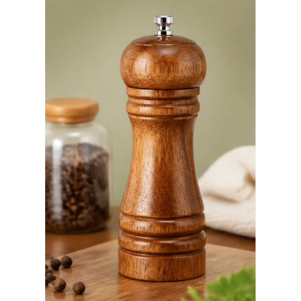 A wooden pepper mill grinder with a polished brown wood finish and a silver metal top, standing on a wooden cutting board with a blurred jar of peppercorns in the background.