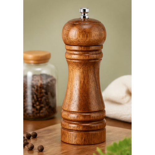 A wooden pepper mill grinder with a polished brown wood finish and a silver metal top, standing on a wooden cutting board with a blurred jar of peppercorns in the background.